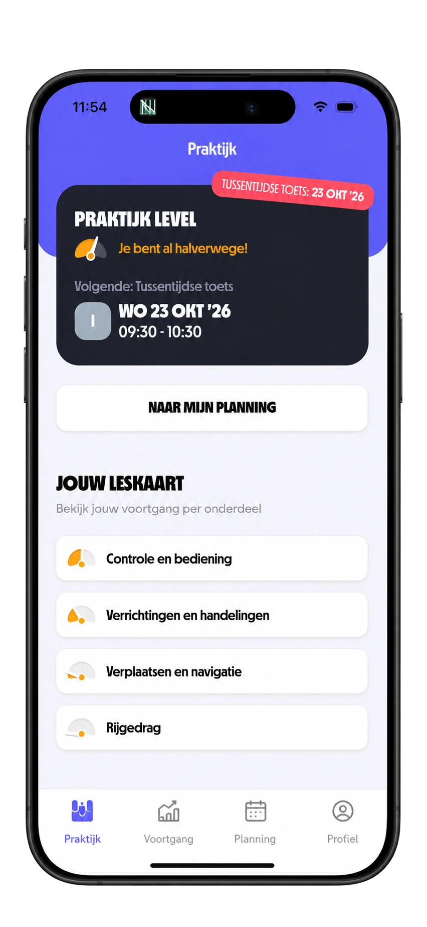 Voortgangskaart met onderdelen zoals snelweg, parkeren en stadsverkeer voor opfrisleerlingen